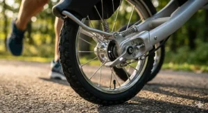Close-up of a lockable front wheel on a double jogging stroller optimized for high-speed stability and tracking.