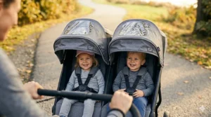 Illustration of two children seated in a double jogging stroller with extended UPF 50+ sun canopies and side ventilation.