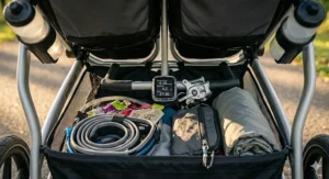 Large under-seat storage basket and mesh pockets on a double jogging stroller loaded with water bottles and running gear.