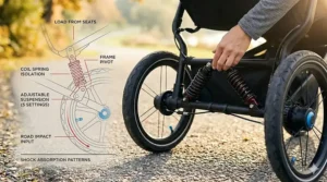 Technical diagram showing the heavy-duty suspension system and air-filled tires of an all-terrain double jogging stroller.