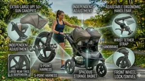 Illustration of adjustable UPF 50 plus sun canopies extended on a double infant jogging stroller to protect babies from UV rays.