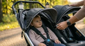 Side view of independent, multi-position UPF 50 plus sun canopies extended over both seats of a double jogger.