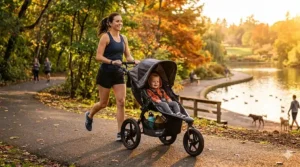 Close-up illustration of the front swivel wheel on an everyday jogging stroller for easy steering.