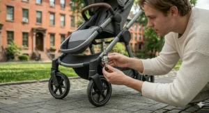 Illustration demonstrating the rotating adjustable handlebar heights on a premium everyday stroller for tall and short parents.