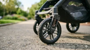 A lightweight everyday stroller showing a fully extended UPF sun protection canopy and an adjustable reclining seat.
