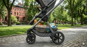 Close up of an extra large storage basket underneath an everyday baby stroller filled with grocery bags and a diaper bag.