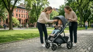 A comfortable older toddler sitting securely in a spacious everyday stroller seat with a five point harness.