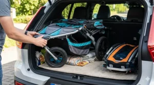 A compact folded double jogging stroller being loaded into the trunk of a family SUV.
