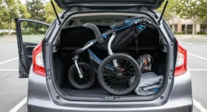 A compact, affordable jogging stroller folded down to fit easily into a small car trunk.
