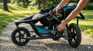 Demonstration of the two-step folding process for a BOB double jogging stroller for easy storage.