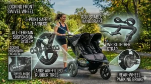 Graphic demonstrating the locking front wheel mechanism on a double infant jogging stroller for stability while running.