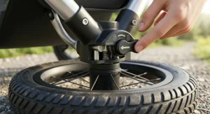 Close-up of a realistic jogging stroller for runners showing the mechanical toggle and visual icons for locking and unlocking the front wheel for stable high-speed tracking.