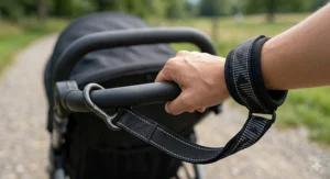 A high-detail close-up of a runner's hand secured by a padded safety wrist tether connected to the handlebar of a jogging stroller for runners.
