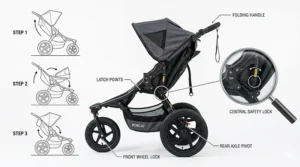 Illustration of the suspension system on an everyday jogging stroller for a smooth ride on bumpy sidewalks.