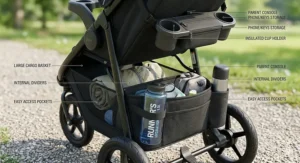 Detailed view of the underside cargo basket and organized storage solutions, including a water bottle holder, on a jogging stroller for runners.