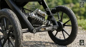 Realistic close-up illustration of the advanced rear coil spring suspension and internal mechanical diagram on a high-end jogging stroller for runners.