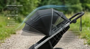 Side view close-up of a large, high-coverage aerodynamic sun canopy with UV protection on a professional jogging stroller for runners.