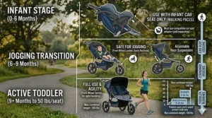 Age guide illustration showing when infants can safely ride in a budget double jogging stroller for running vs. walking.