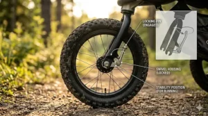 Illustration of the front wheel locking mechanism that provides stability for a trail running stroller at higher speeds.