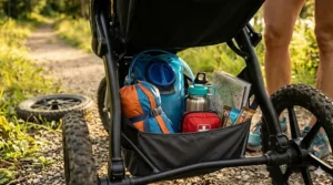 Under-seat cargo basket of a trail running stroller packed with essential hiking gear and water bottles.