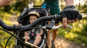 Ergonomic handlebar of a trail running stroller featuring an integrated twist hand brake for downhill control.