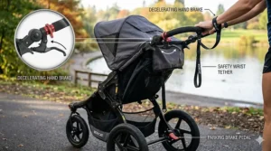 Illustration highlighting the hand brake and safety wrist tether on an everyday jogging stroller.