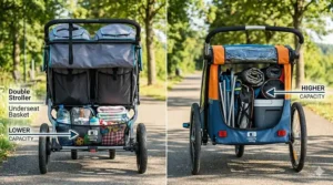 Diagram comparing the underseat storage space of a double stroller with the rear cargo trunk capacity of a bike trailer.