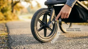 Detailed view of the front wheel locking mechanism on a double jogging stroller for increased stability during high-speed runs.
