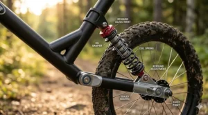 Technical illustration showing the adjustable rear suspension system on a trail running stroller for off-road impact absorption.