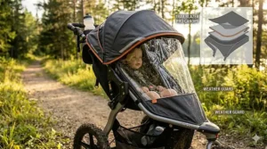 A trail running stroller equipped with a multi-position sun canopy and waterproof weather shield for outdoor running.