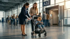 Cabin approved compact stroller for flying with toddler resting on the floor in front of an airplane seat.