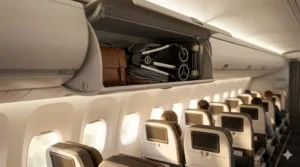 Illustration showing a travel-friendly compact fold stroller fitting easily inside an airplane overhead luggage compartment.