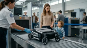 Parent taking a lightweight stroller for flying with toddler through an airport TSA security screening checkpoint.