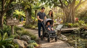 Parents navigating a scenic nature trail with a rugged, all-terrain travel system stroller configured with a toddler seat.