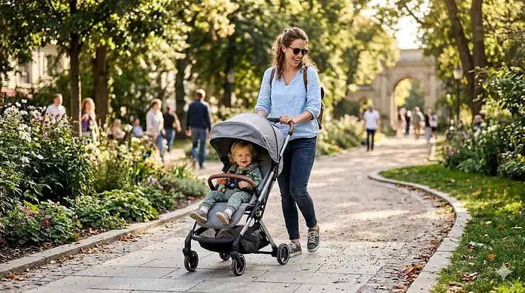 A lightweight compact fold stroller standing fully opened on a city sidewalk, showcasing its sleek design and canopy.