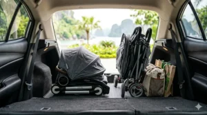A compact, folded stroller taking up minimal space in the trunk of a small sedan next to grocery bags.