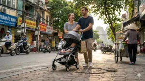A family pushing a sleek, lightweight compact stroller down a bumpy city sidewalk to test wheel suspension.