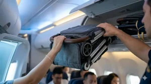 A folded, ultra-lightweight travel stroller fitting easily inside an airplane overhead storage compartment.
