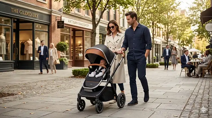A modern couple pushing the best luxury stroller with premium leather detailing through a high-end city shopping district.