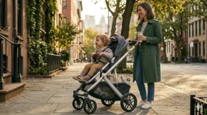 A modular stroller setup with the main toddler seat facing forward so the child can see the world.