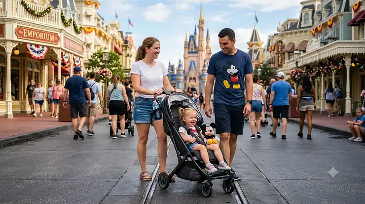 A family pushing a lightweight, compact travel stroller for Disney World on Main Street USA.