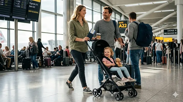 A family walking through a busy airport terminal pushing a compact travel stroller, showcasing the best stroller for flying with a toddler.