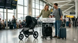 Side-by-side size comparison of a standard stroller next to a compact travel stroller folded up for flying.