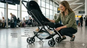 Underseat storage basket of a travel stroller packed with a diaper bag and flight essentials for traveling with an infant.