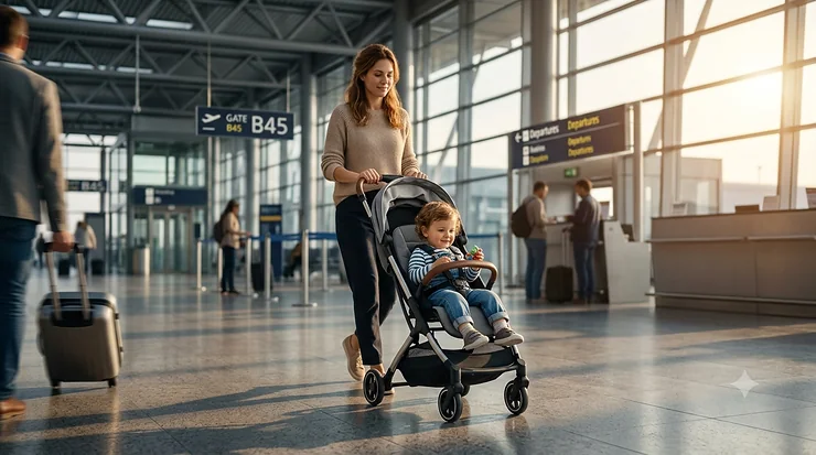 Mother pushing a lightweight travel stroller for flying with toddler through a spacious airport terminal departure lounge.