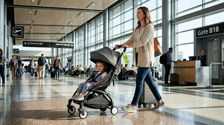 A mother pushing a lightweight umbrella travel stroller for gate checking through an airport terminal lobby.