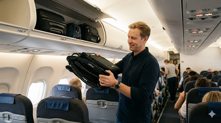 A passenger on an airplane stows a compact folded travel stroller inside the overhead storage bin with other luggage. stroller that fits in overhead bin
