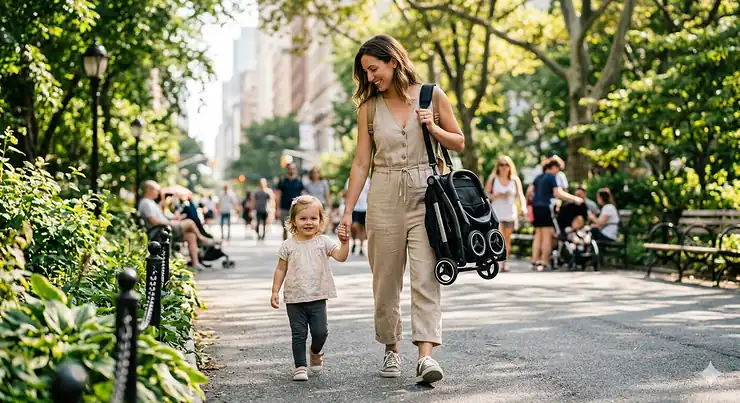 A parent effortlessly lifting a compact stroller under 10 lbs into a car trunk with one hand, demonstrating its ultra-lightweight and travel-friendly design.
