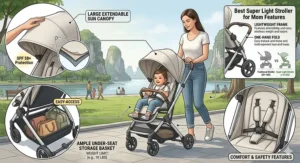 An annotated illustration showcasing the extendable sun canopy and under-seat storage basket of the best super light stroller for mom on the go.