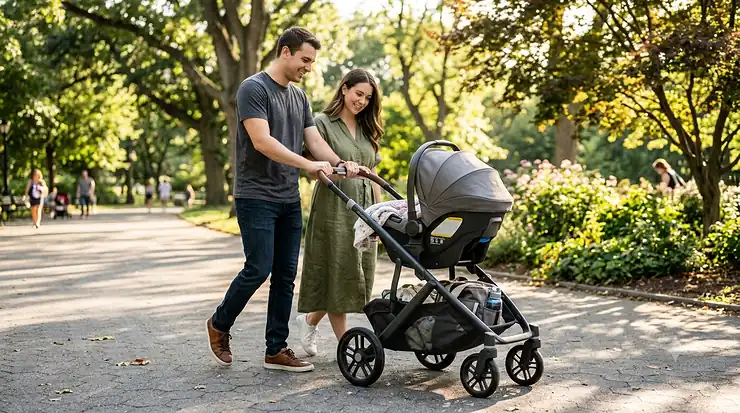 A parents pushing a modern travel system stroller with an infant car seat securely attached during an outdoor walk.